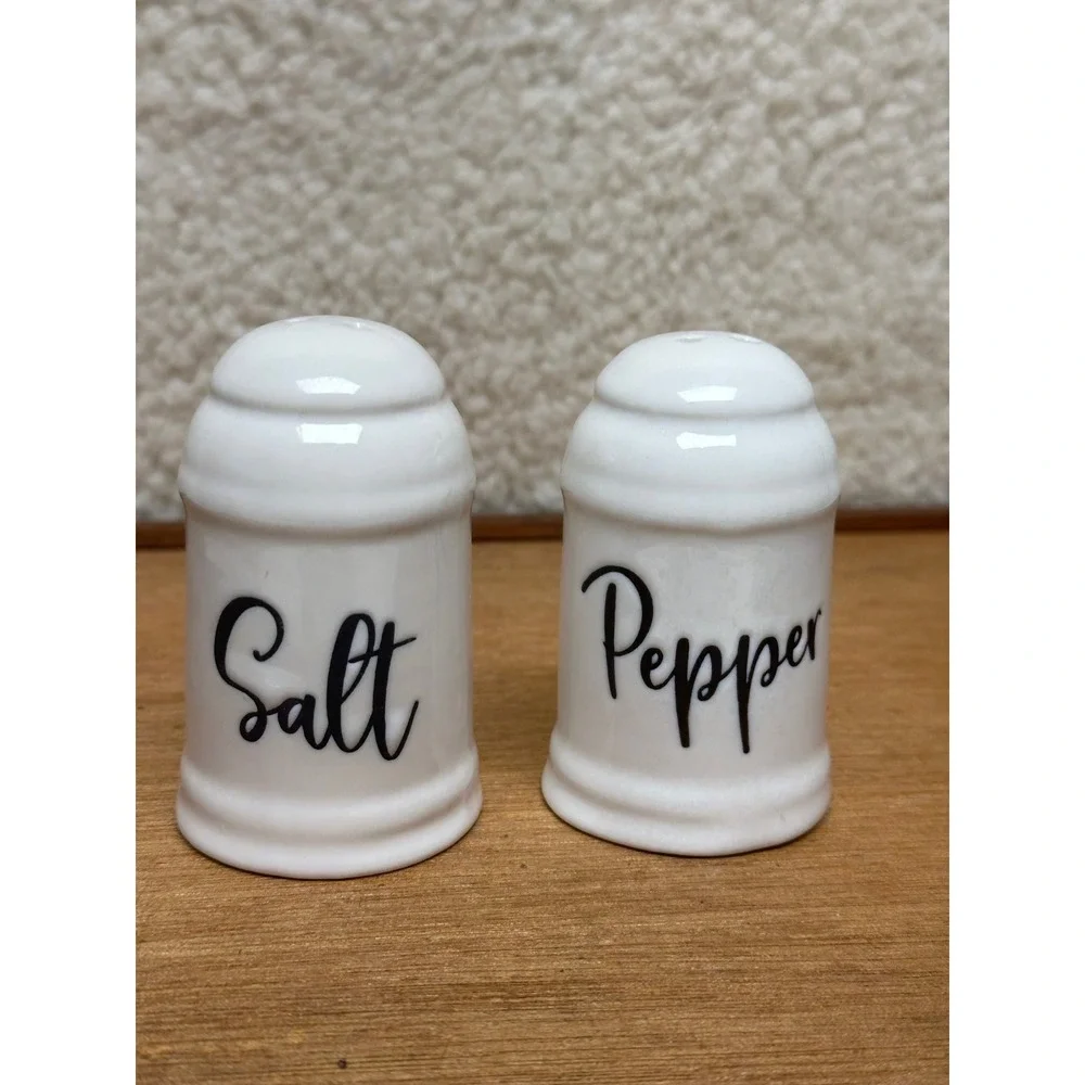 Modern Cottage Salt and Pepper Shakers White Ceramic Script Font Set Farmhouse
